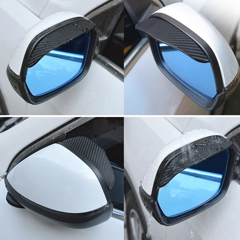 Two carbon fiber-look rain eyebrow visors for car rearview mirrors, providing weather protection and a stylish appearance.