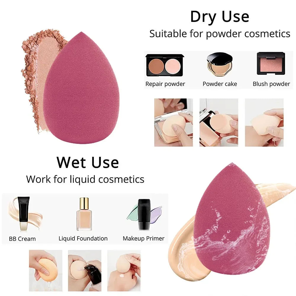 Assorted makeup sponges and puffs in a set of 4/8, ideal for applying foundation, concealer, and blush. Made of soft latex, perfect for a smooth, flawless makeup finish.