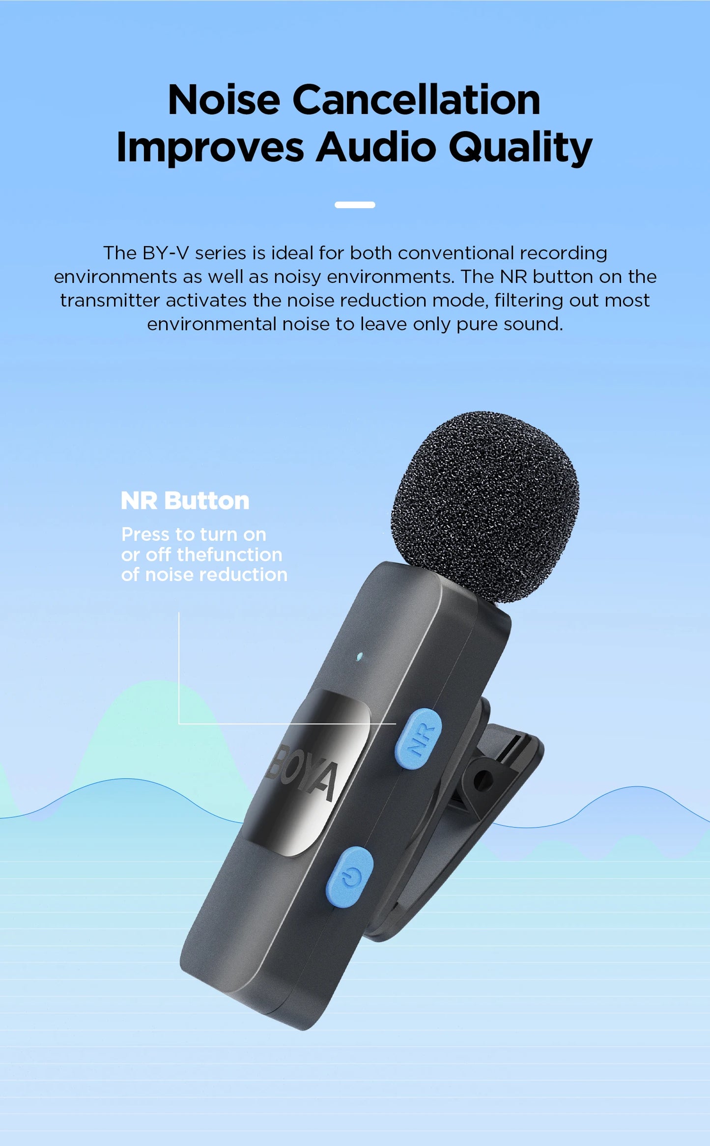 Compact BOYA BY-V wireless lavalier microphone for high-quality audio recording, ideal for live broadcasts, gaming, and vlogging.