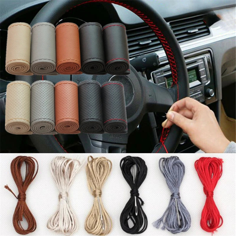 Premium leather car steering wheel cover with stylish braid design, offering a universal 38 cm fit and easy installation for most car models. Durable and comfortable for enhanced driving.