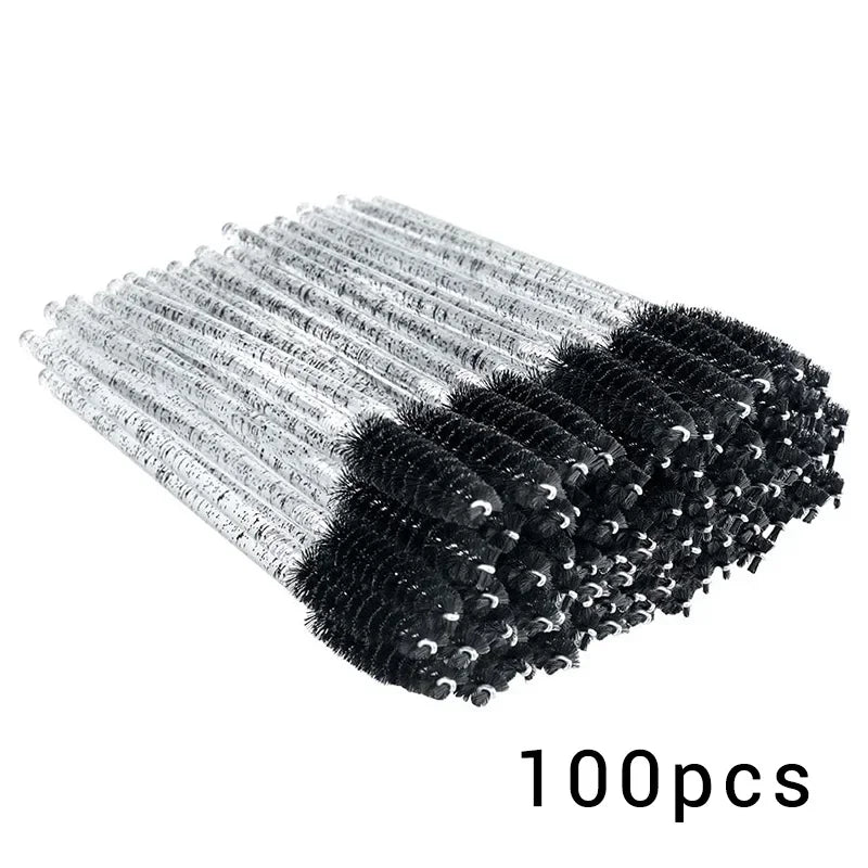 A collection of disposable eyelash mascara brushes and eyebrow spoolie wands, available in packs of 100 or 300. Ideal for lash extensions, eyebrow grooming, and makeup application.