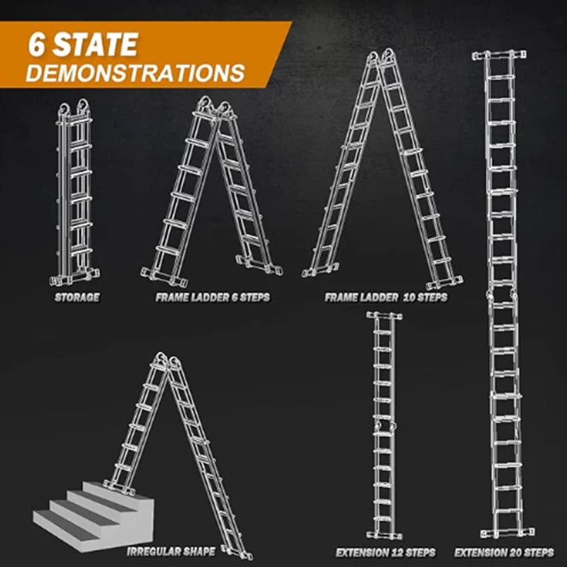 XMSJ 17 Ft telescopic aluminum ladder with stabilizer bars and removable tool tray.