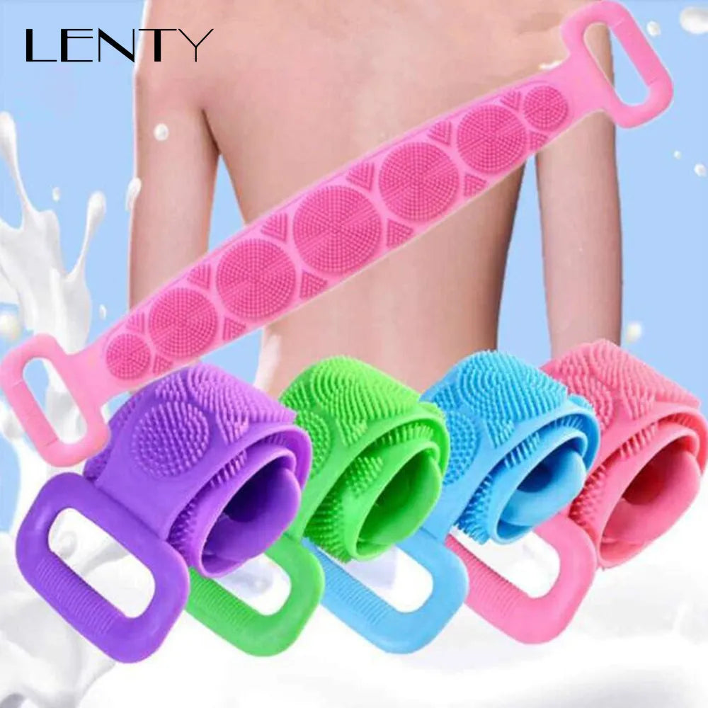 Silicone body scrubber bath brush with long strap for exfoliating and back massage