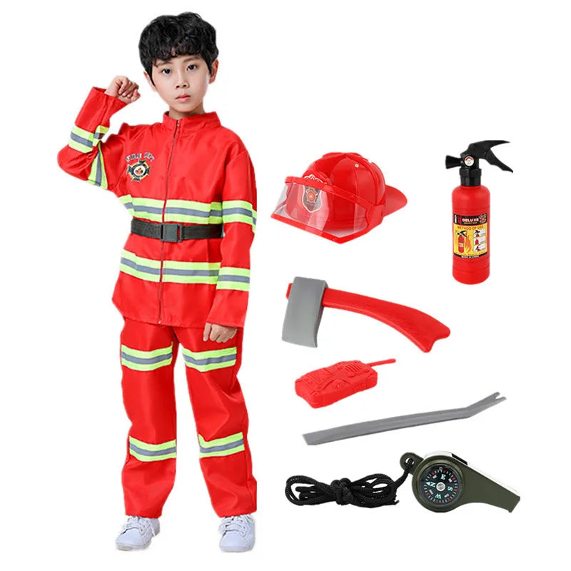 Children’s firefighter costume set with top, pants, adjustable helmet, and toy accessories, ideal for Halloween, career day, and imaginative play.