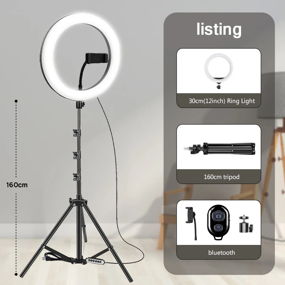 10" LED selfie ring light with adjustable bi-color temperature (3200K-5600K), 3 light modes (white, warm, soft), 10 brightness levels, and a stable tripod with phone stand. Ideal for makeup, live streaming, and photography.