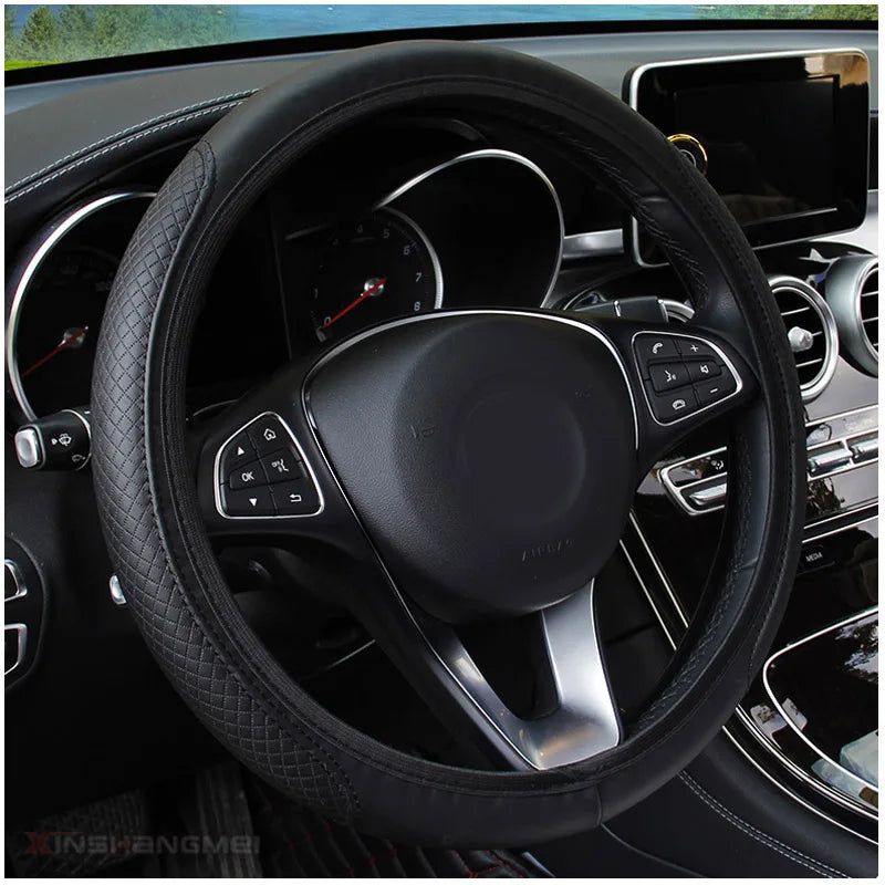 Universal non-slip embossed leather steering wheel cover for all seasons.