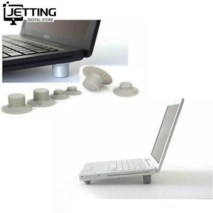 Two large and two small grey laptop cooling pads, designed to prevent overheating and provide stability with a skidproof surface, suitable for universal laptop sizes.