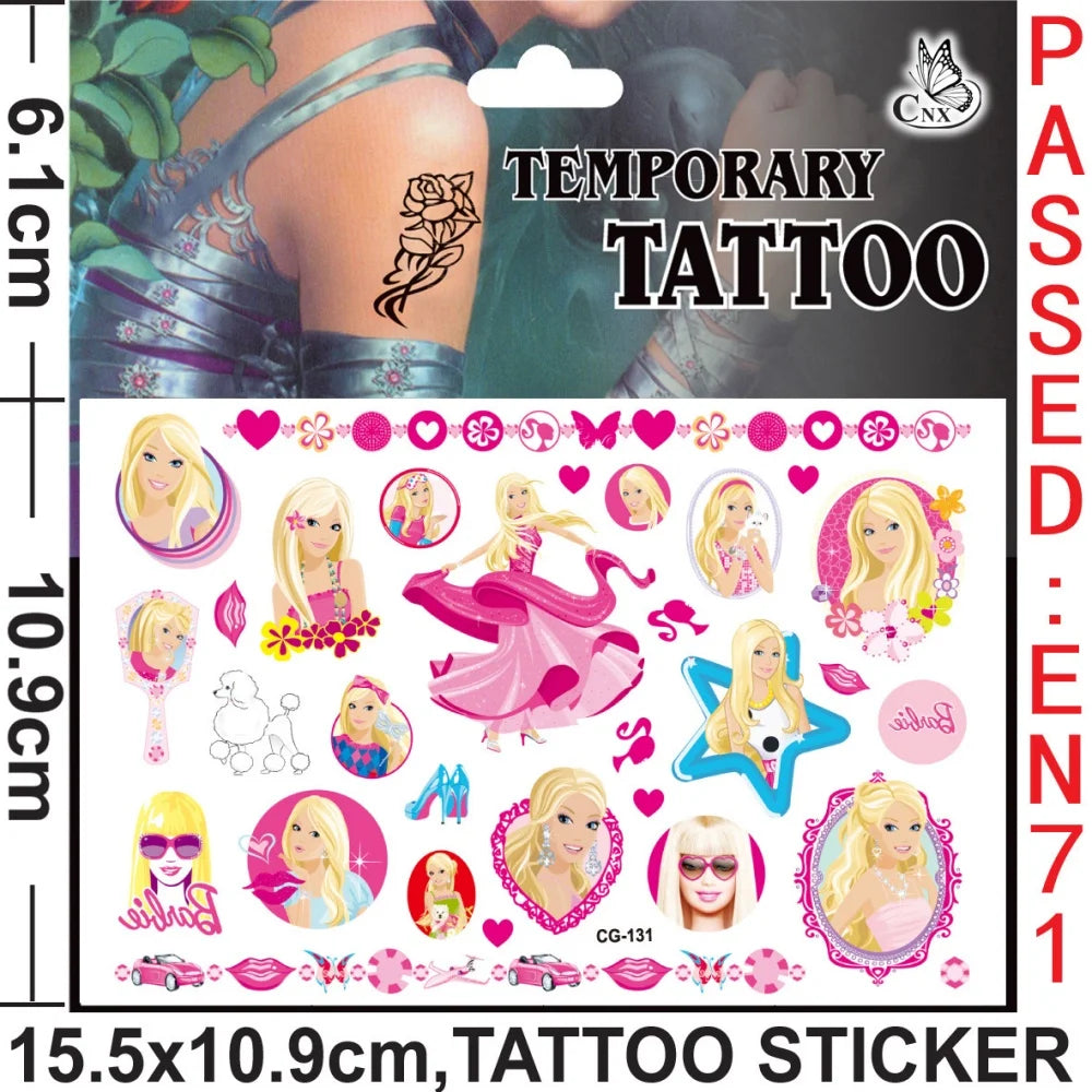 Barbie tattoo stickers featuring original pink princess designs. Waterproof and ideal for birthday parties, decorations, and gifts for kids and girls.