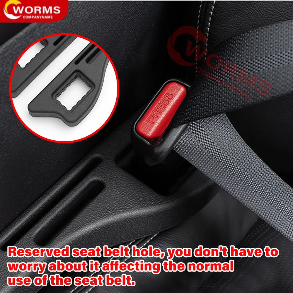 Universal car seat gap filler plug strip made from durable PU material, designed to prevent items from falling into the gap between the seat and console. Features holes for seat belt buckle access. Available in multiple colors.