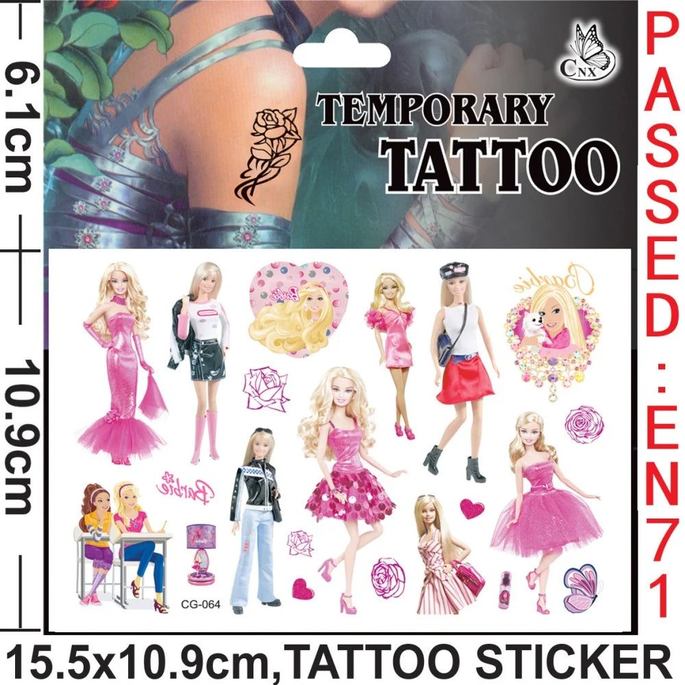 Barbie tattoo stickers featuring original pink princess designs. Waterproof and ideal for birthday parties, decorations, and gifts for kids and girls.