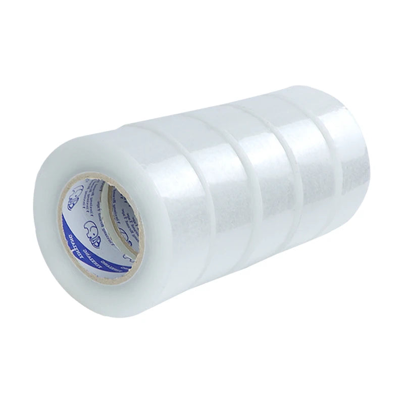 Five rolls of clear packaging tape stacked, showcasing their length and thickness, perfect for secure sealing and shipping.