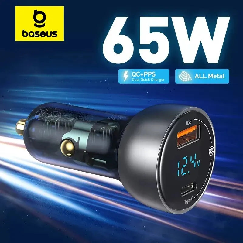 Baseus 65W dual port car charger with USB Type C and PD QC fast charging.