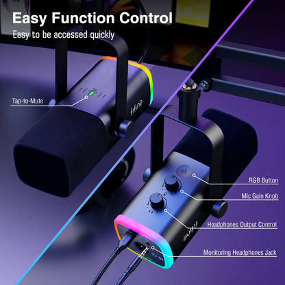 FIFINE XLR/USB Gaming Microphone Kit - Dynamic Mic with RGB & Boom Arm