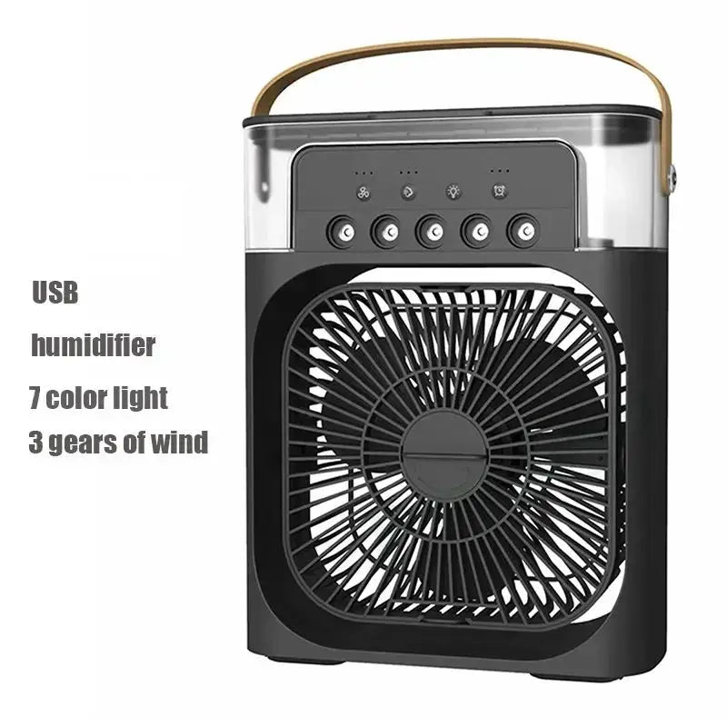 Portable 3-in-1 air cooler fan with 7-color LED lights, featuring a 600ML tank, ideal for cooling and humidifying in any space.