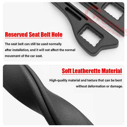 Universal car seat gap filler plug strip made from durable PU material, designed to prevent items from falling into the gap between the seat and console. Features holes for seat belt buckle access. Available in multiple colors.