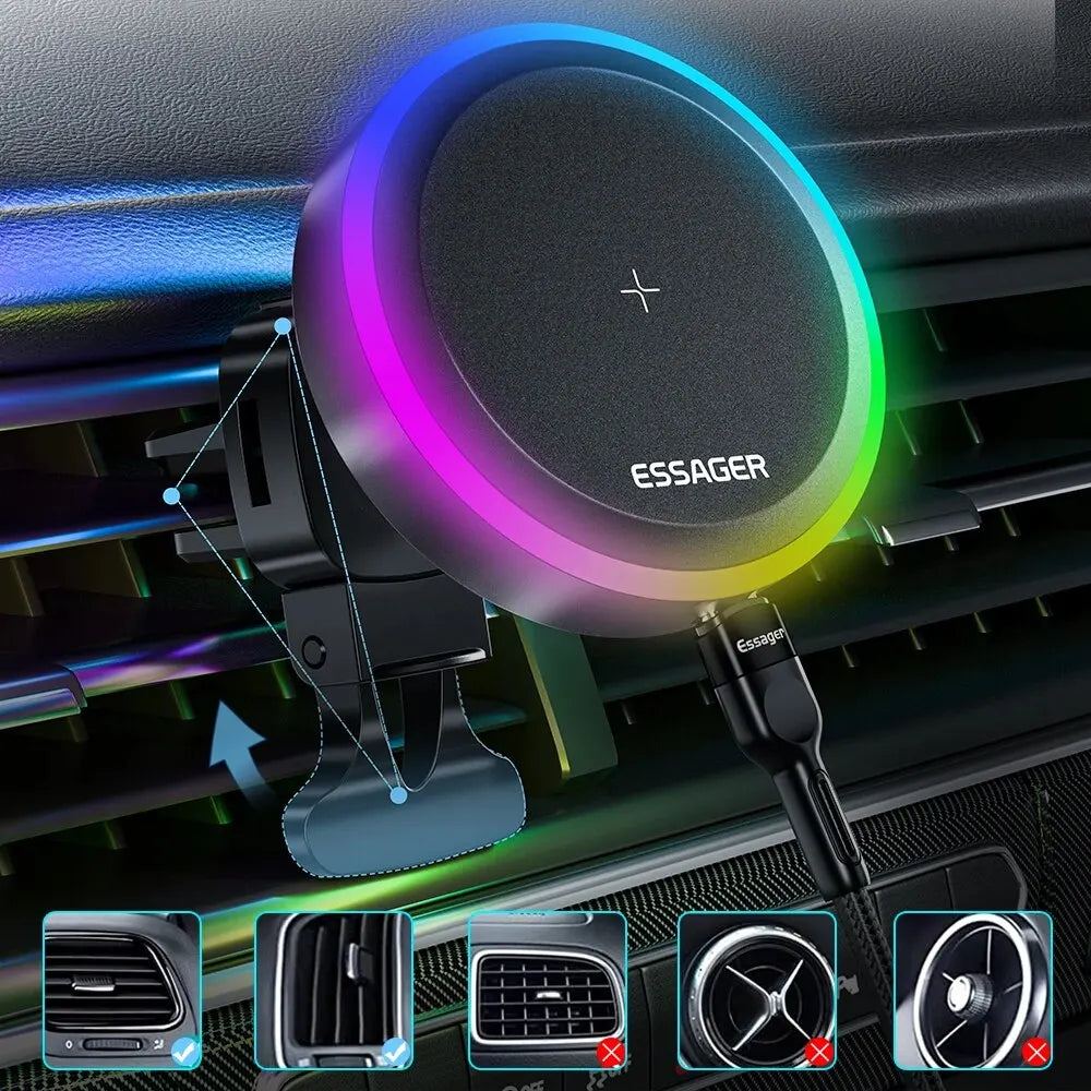 Essager RGB Magnetic Car Phone Holder – Qi 15W Wireless Charger for iPhone & Samsung