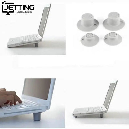 Two large and two small grey laptop cooling pads, designed to prevent overheating and provide stability with a skidproof surface, suitable for universal laptop sizes.