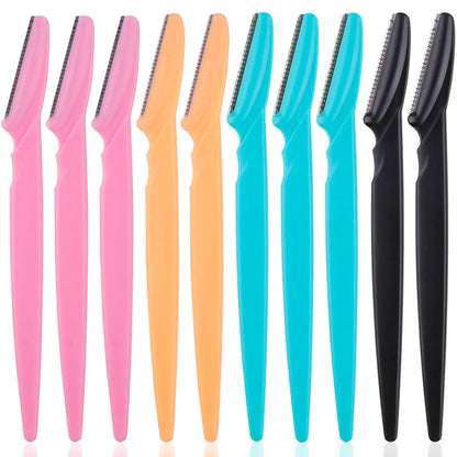 Eyebrow trimmer set in pink, yellow, blue, and black, featuring stainless steel blades and ergonomic handles. Includes 3, 4, or 10 pieces for portable grooming.