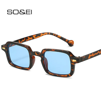 SO&EI fashion square sunglasses with retro rivet decoration and gradient UV400 lenses, available in leopard and blue, designed for women and men.