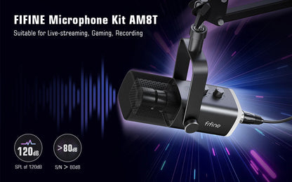 FIFINE XLR/USB Gaming Microphone Kit - Dynamic Mic with RGB & Boom Arm