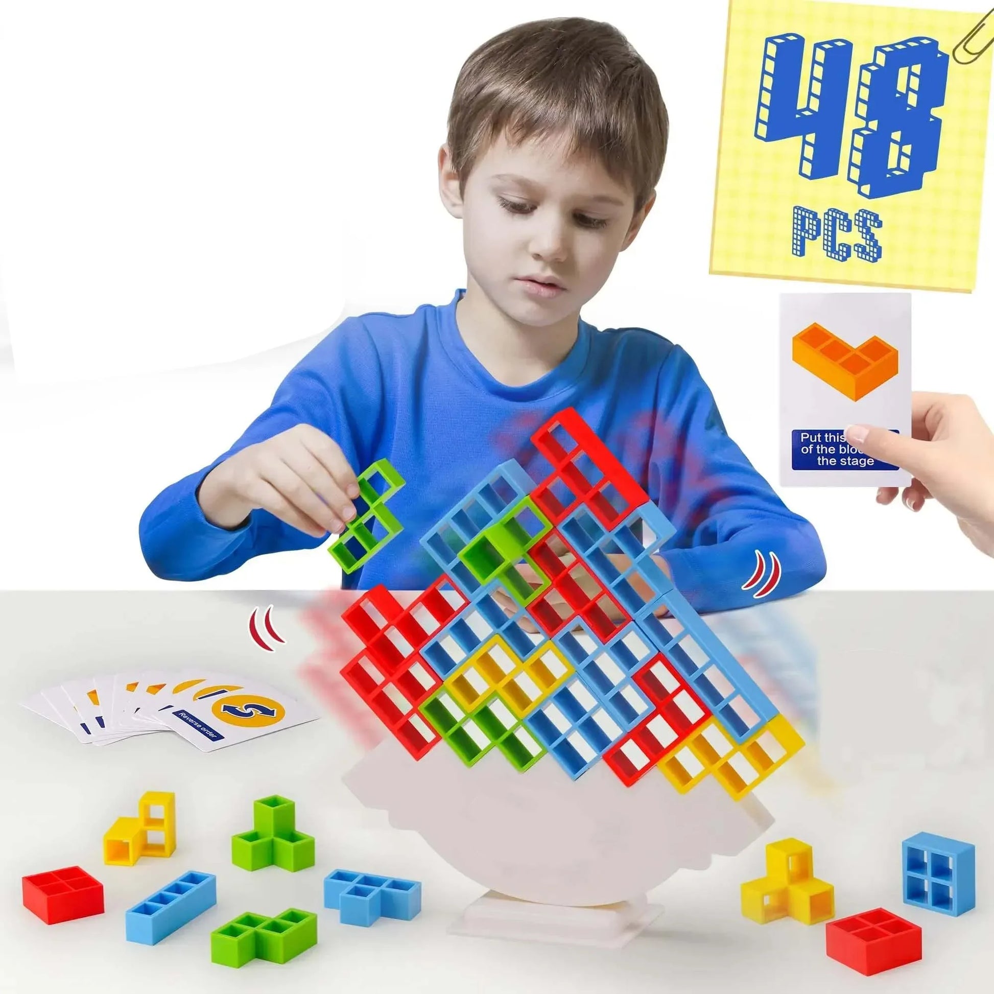 Colorful plastic blocks stacked in a balance game, perfect for kids and adults.