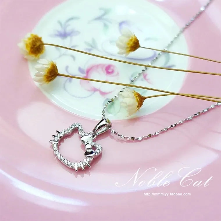 Kawaii Hello Kitty Crystal Pendant Necklace - Elegant White Zircon Jewelry for Girls