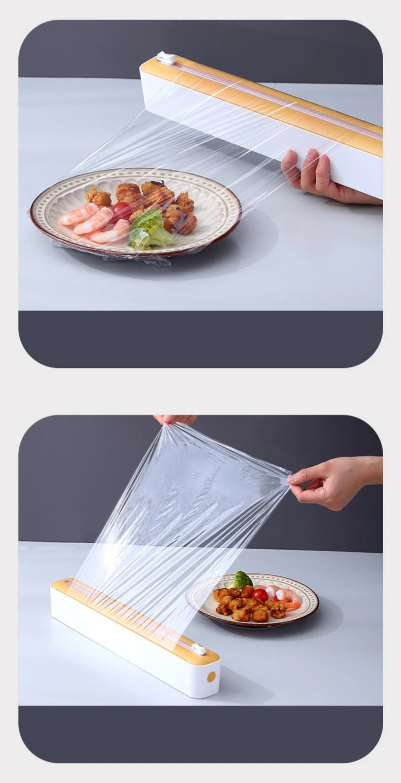 Plastic cling wrap dispenser with cutter, anti-drop design, fits up to 35 cm wide wraps.