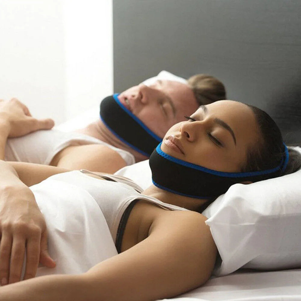 Blue anti-snore chin strap for stopping snoring and supporting jaw alignment.