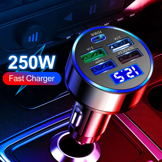 250W LED car charger with 5 ports, including USB-C and QC3.0, fast charging for multiple devices