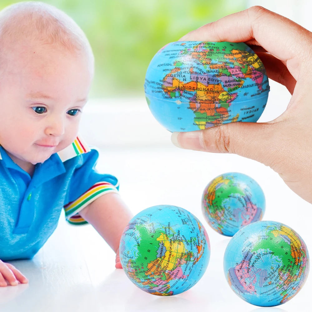 Stress Relief PU Foam Globe Squeeze Ball Toy for Kids & Adults