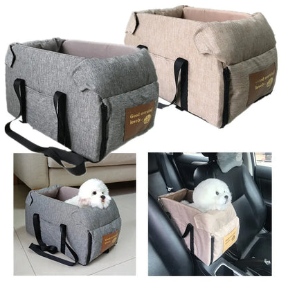 Portable car seat bed for small dogs and cats, grey, washable, with waterproof outer fabric and soft interior