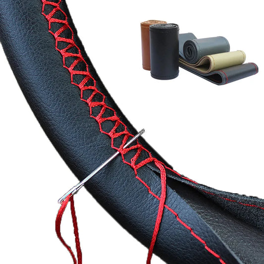 DIY soft fiber leather steering wheel cover in various colors with needles and thread, designed for a universal 38cm fit.