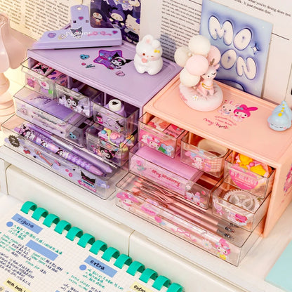 Sanrio 6-Grid Transparent Desktop Storage Box with Kuromi, Melody & Cinnamoroll Stickers