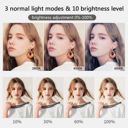 10" LED selfie ring light with adjustable bi-color temperature (3200K-5600K), 3 light modes (white, warm, soft), 10 brightness levels, and a stable tripod with phone stand. Ideal for makeup, live streaming, and photography.