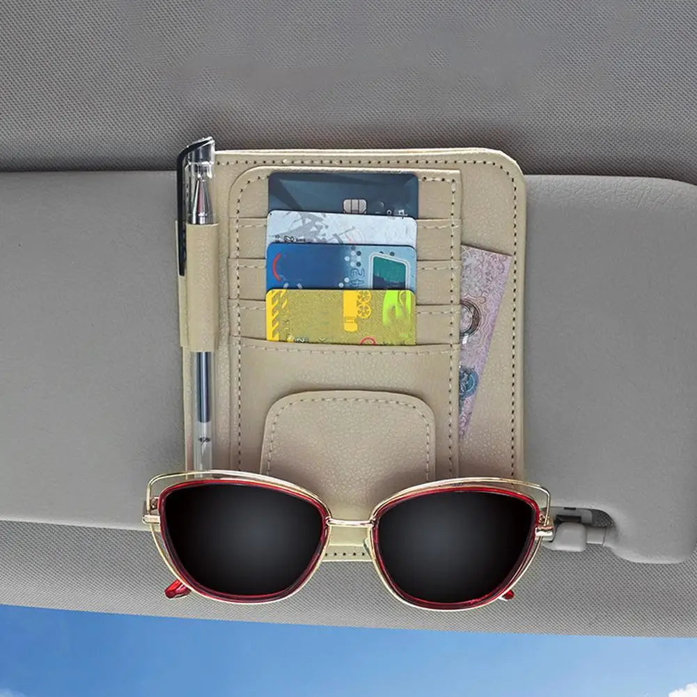 Multi-Pocket Leather Car Sun Visor Organizer for Sunglasses and Cards