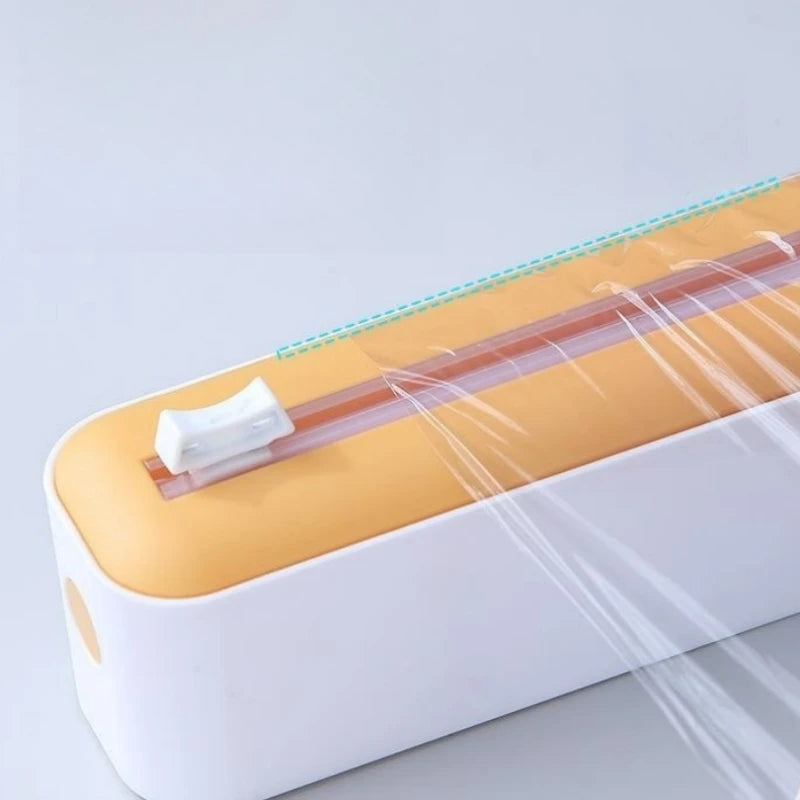 Plastic cling wrap dispenser with cutter, anti-drop design, fits up to 35 cm wide wraps.