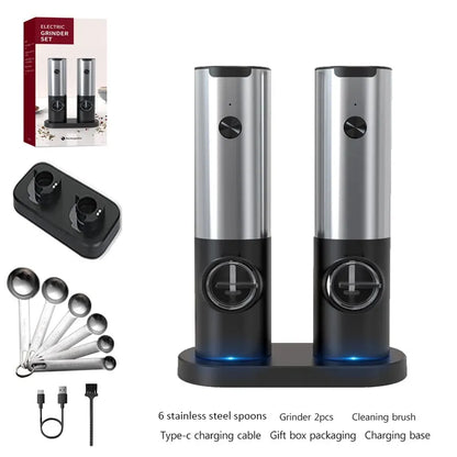 Close-up of USB rechargeable electric salt and pepper grinder set with LED light, stainless steel body, and adjustable coarseness knob. Perfect for precise seasoning in the kitchen.