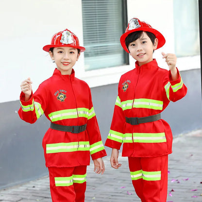 Children’s firefighter costume set with top, pants, adjustable helmet, and toy accessories, ideal for Halloween, career day, and imaginative play.