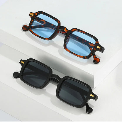 SO&EI fashion square sunglasses with retro rivet decoration and gradient UV400 lenses, available in leopard and blue, designed for women and men.