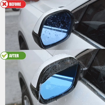 Two carbon fiber-look rain eyebrow visors for car rearview mirrors, providing weather protection and a stylish appearance.