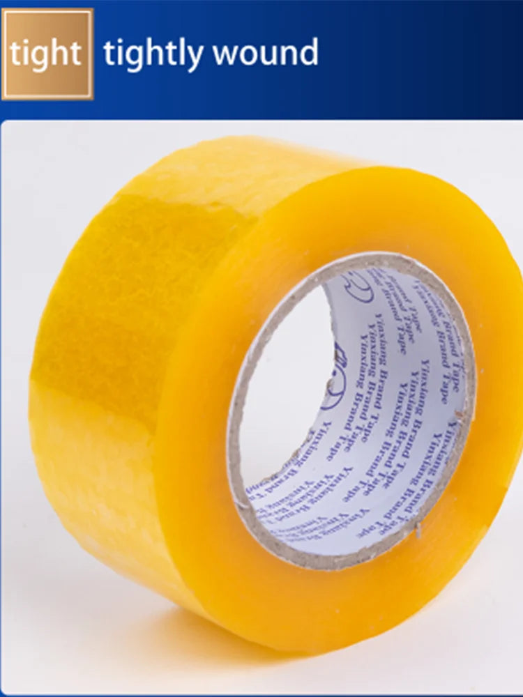 Five rolls of clear packaging tape stacked, showcasing their length and thickness, perfect for secure sealing and shipping.