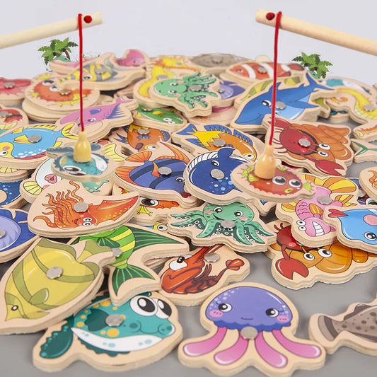 Montessori wooden magnetic fishing toy featuring colorful marine life, designed for children to learn through play. Safe, hand-polished, and ideal for cognitive development.