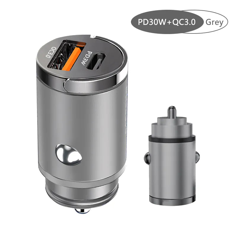 100W Car Charger with dual PD30W & QC30W intelligent chips, featuring a sleek zinc alloy body and a compact, pull-ring design. Compatible with USB and Type C devices for fast and safe charging.