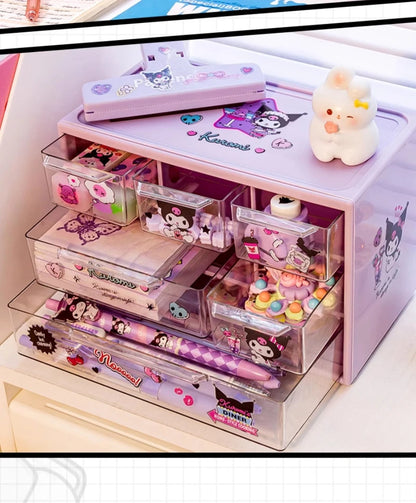 Sanrio 6-Grid Transparent Desktop Storage Box with Kuromi, Melody & Cinnamoroll Stickers