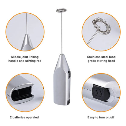 Automatic electric milk frother and whisk mixer in stainless steel.