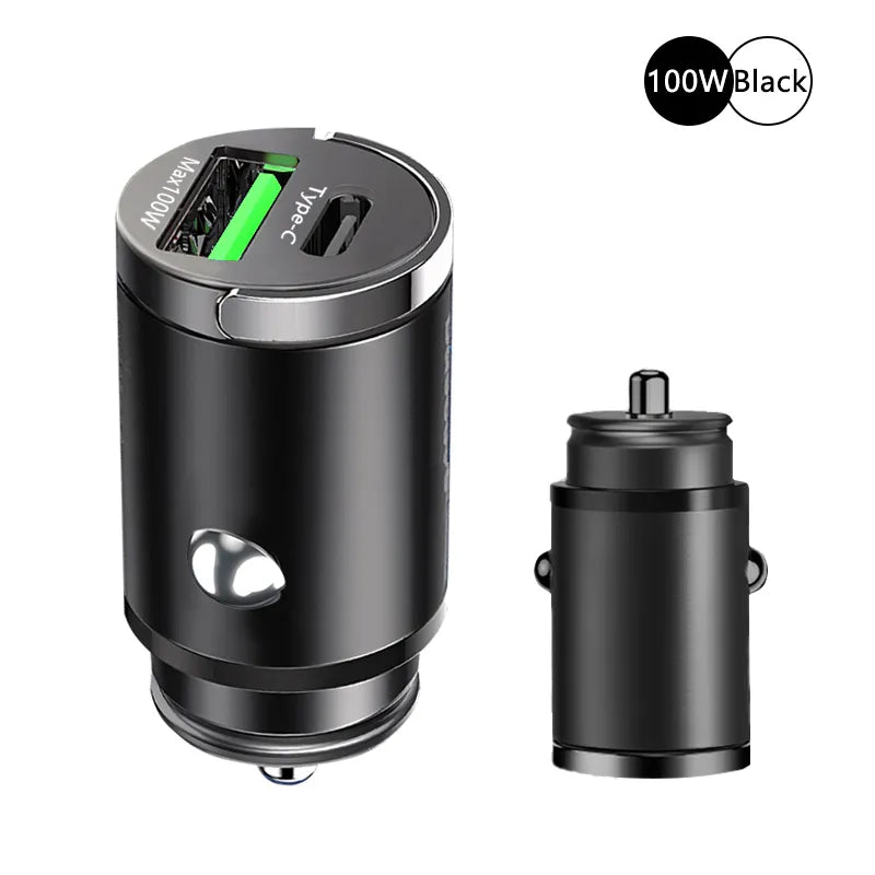 100W Car Charger with dual PD30W & QC30W intelligent chips, featuring a sleek zinc alloy body and a compact, pull-ring design. Compatible with USB and Type C devices for fast and safe charging.