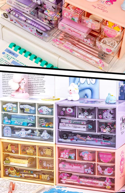 Sanrio 6-Grid Transparent Desktop Storage Box with Kuromi, Melody & Cinnamoroll Stickers