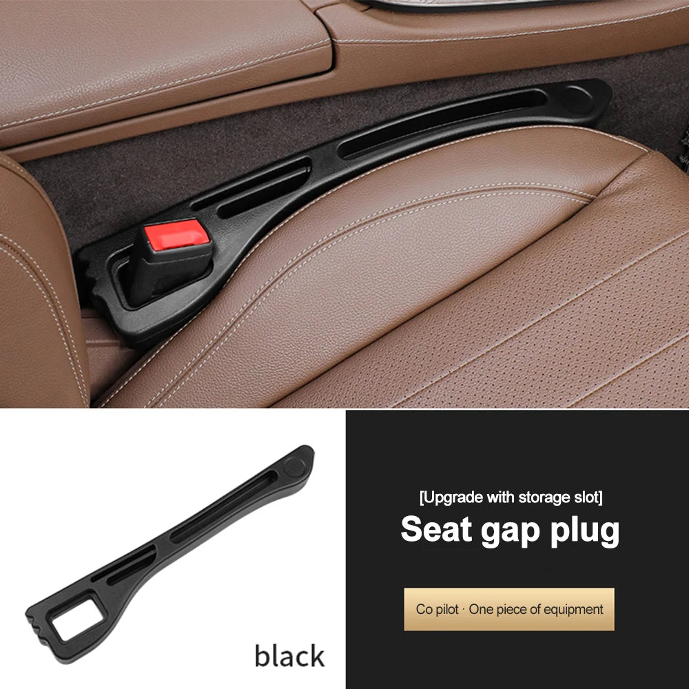 Car seat gap filler organizer with 3 grooves for small items, waterproof PU material.