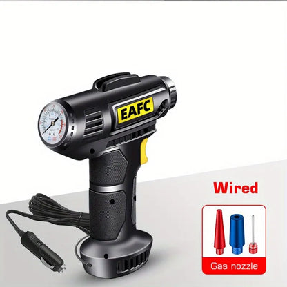 Portable 12V digital car air compressor with LED light for tire inflation.