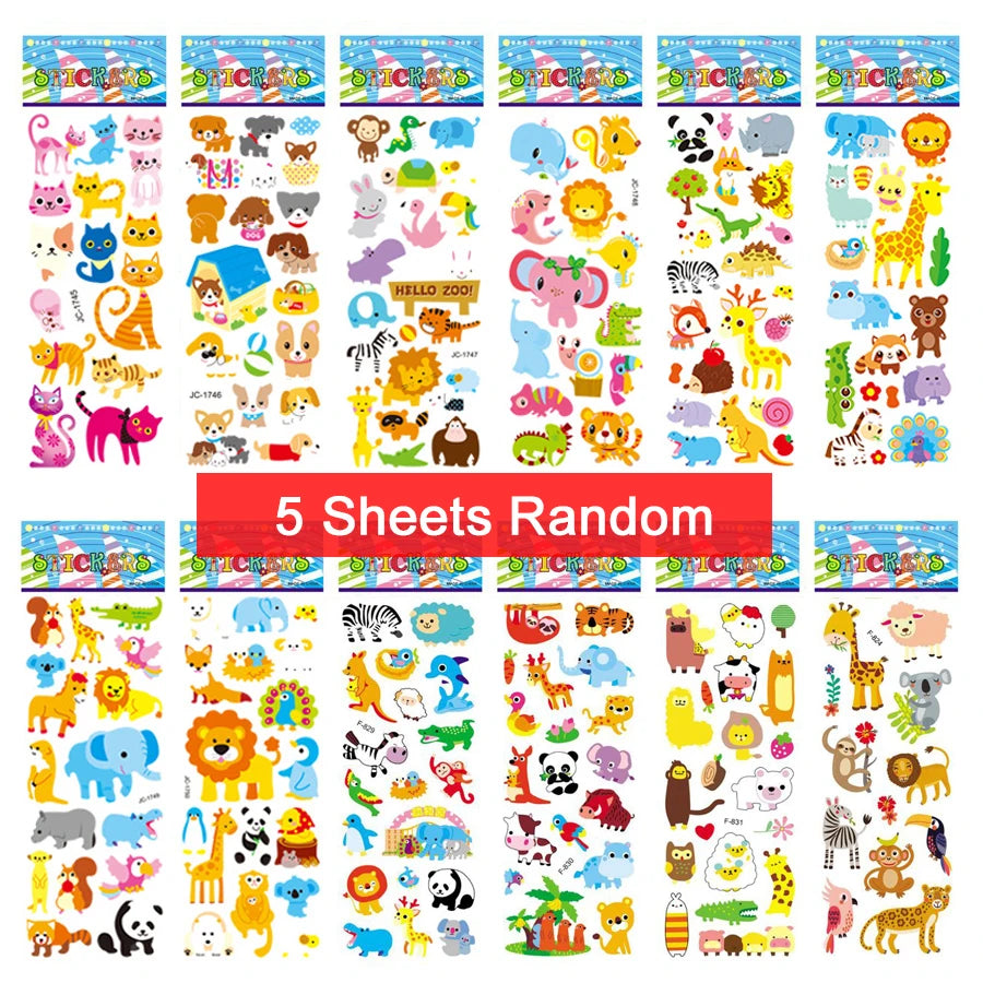 Five sheets of colorful puffy stickers featuring various cartoon designs, perfect for kids' scrapbooking and holiday gifts.